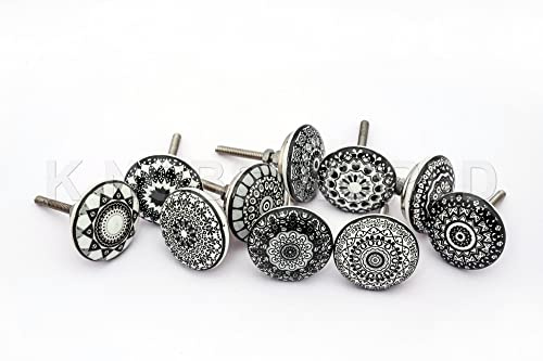 KNOBSWORLD, Mix aus Keramikknäufen im Vintage-Look, Mandala- und Blumendesign, Griffe für Türen, Schränke, Schubladen, schwarz, 20 Stück