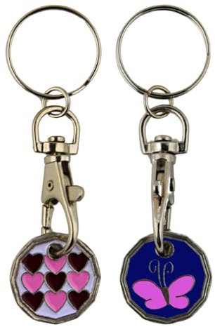 UK Phoenix Trolley Token New £1 Coin Shape 12 Sided Shopping Cart Key Ring Release Shop Locker Keychain (Hearts & Butterfly)