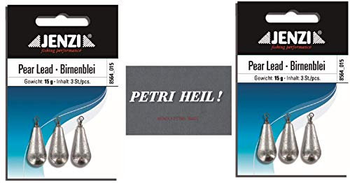 .Jenzi Set: 2 paquetes de plomo de pera, 15 gramos, 2 x 3 unidades, con espiral/ojal + pegatina Petri Heil!