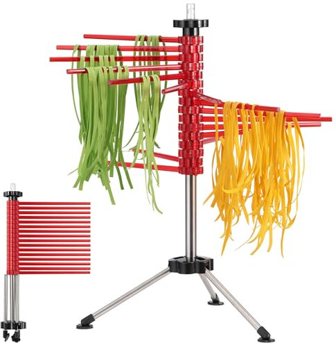 Navaris Secador pasta - Secador de pasta fresca de Acero Inoxidable para 2 kg de Espaguetis tallarines - Para después de Hacer Pasta en la máquina - Incluye Recetas - Rojo