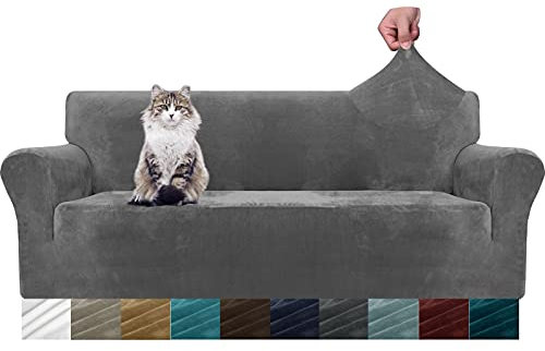 MAXIJIN Thick Velvet Sofa Covers 3 Seater Super Stretch Couch Cover for Dogs Cat Pet Friendly 1-Piece Elastic Furniture Protector Plush Sofa Slipcovers (3 Seater, Grey)