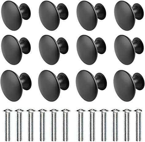 Wajade Round Drawer Knobs 12 Pack Black Cabinet Knobs Drawer Handles Pulls with Screws for Kitchen Bedroom Furniture 30mm