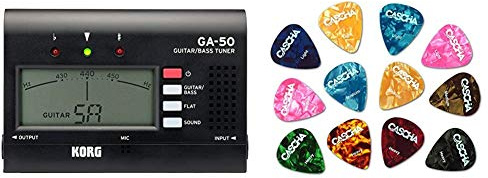 Korg GA-50 Stimmgerät & CASCHA Set mit 12 Plektren, Plektrum für Akustikgitarre, E-Gitarre, Ukulele, Bass, Guitar Picks, Zubehör für Gitarre