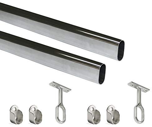 Emuca - Kit di asta appendiabiti ovale da armadio 1150mm e supporti, finitura cromata, Lotto di 2