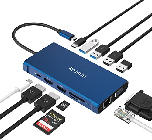 HOPDAY 12 en 1 Triple Display Thunderbolt 3 USB C Hub Dual HDMI Multiport Adaptador con VGA+Ethernet+100W PD + USB-C+4 USB+SD/TF Dock para DELL/HP/Lenovo/MacBook Pro