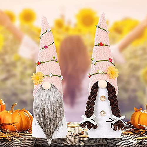 X&Z-XAOY 2 Pcs Harvest Festival Decorative Gnomes,Sunflower Garden Handmade Doll,Pink Hat Standing Pose Doll For Party Birthday Decoration,Creative Ornaments