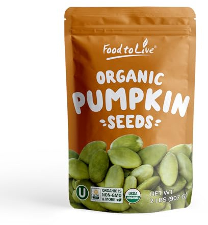 Food to Live Organic Dry Roasted Pumpkin Seed Kernels, 2 Pounds - Non-GMO, Unsalted, Oven Roasted Whole Pepitas, No Oil Added, Shelled, Vegan, Kosher, Keto, Bulk. Low in Carbs. High In Protein.