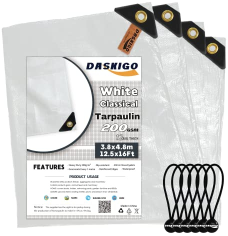 DASKIGO 4 x 5M Heavy Duty 200GSM White Reinforced Tarpaulin Cover Waterproof Tarp Sheet & 6 Pcs Bungee Balls