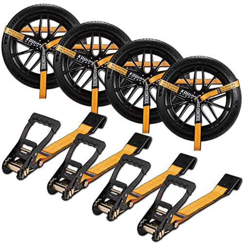 Ratschen-Auto-Spanngurt (4 Stück) mit flachem Haken für Anhänger, 5,1 cm x 3,5 m, Schnitt- und reißfest, robuste 1,5 kg Arbeitslast, Kodiak-Gurte