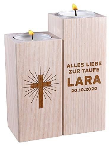 polar-effekt Teelichthalter 2er-Set quadratisch aus Holz mit Wunschgravur - Motiv: Kreuz - personalisiert mit Namen - Geschenk zur Taufe, Kommunion - echtes Naturprodukt - robuste Tischdeko, Deko