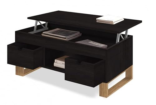 HOGAR24 ES - Sena - Mesa Centro Elevable Madera Maciza Natural, Combinado Color Negro y Encerado. Medidas: 100 cm x 50 cm x 47 cm.