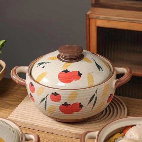 Casseruola in ceramica, Pirofila con Coperchio in Terracotta, Pentola per Stufato, Zuppa, Vapore, Resistente al Calore (Cachi, 2,95 QT)