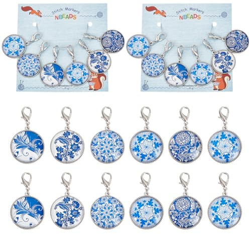 NBEADS 12 pieza de Vidrio Plano Redondo con Marcadores de Punto de Patrón de Porcelana Azul Y Blanca, Broches de Pinza de Langosta de Aleación de Zinc, Marcador de Punto de Ganchillo, Dijes para Acces
