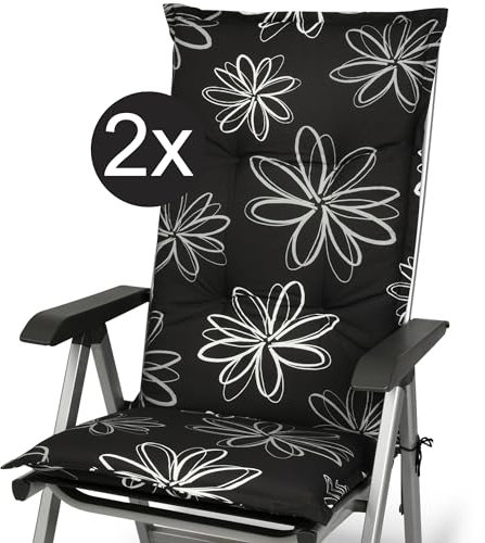Beautissu 2er Set Hochlehner Auflage für Gartenstuhl 120x50 cm Flores – 6cm Dicke Polster Auflage Sitzpolster Hochlehner UV-Lichtecht – Gartenstuhlauflage schwarz mit Blumen
