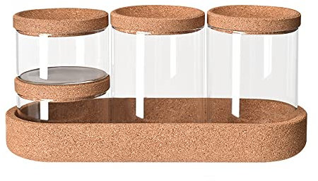 Bathroom Storage Organizer, 4 Pack Apothecary Glass Jars with Lids, for Cotton Swabs, Cotton Pads, Bath Salts, Makeup Sponges, and Hair Accessories(Glass&Tray)