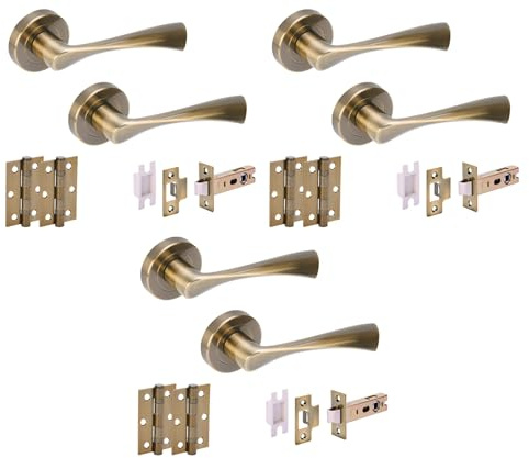Hunta HANDLEZONE® 3 Sets Zena Internal Door Handles on Rose Lever Latch Packs with Ball Bearing Hinges - Antique Bronze
