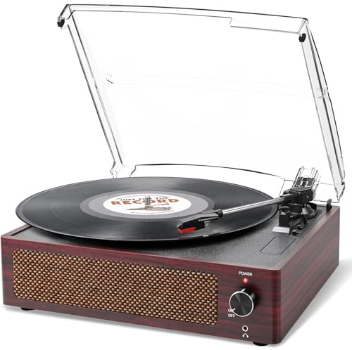 Trynnay Tocadiscos con Altavoces Estéreo, Fonógrafo Inalámbrico de 3 Velocidades, Accionamiento por Correa, Deep Cherry