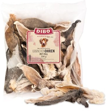 DIBO Kaninchen-Ohren mit Fell, 250g Beutel - 100% schonend getrockneter Naturkausnack für Hunde, natürliche Darmreinigung, natürlich und artgerechtes Barf Leckerli