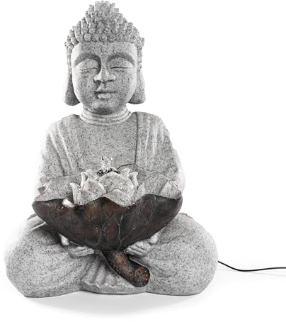 esotec Solar Gartenbrunnen Wasserspiel Buddha außen Akku & LED 101327 | Solar Gartenbrunnen, 6Wp,, LiFePO4, LED ww+kw, Polyresin Steinoptik, Trockenlaufschutz, Durchflussregler, H43cm, Dekobrunnen