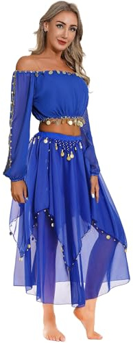 YiZYiF Damen Kostüm Bauchtanz Pailletten Langarm Top Maxirock Set Halloween Karnevalskostüm Indisches Tanzkostüm Inderin Tänzer Outfit Set Königsblau Einheitsgröße