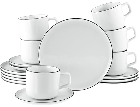 CreaTable, 21965, Serie Chef Collection Black Line, 18-teiliges Geschirrset für 6 Personen, Kaffeeservice aus Porzellan, spülmaschinen- und mikrowellengeeignet, Made in Europe