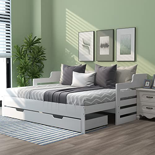 Merax Sofa Bed with Storage Drawer - Modern Day Bed/Pull out Trundle Guest Bed for 1-2 Sleepers, White, 90x190cm (Extendable 176cm)