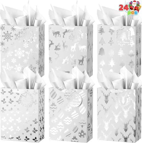 JOYIN 24 Stück Weihnachtsgeschenktüten aus silberner Folie mit Seidenpapier und Namensanhängern, metallische Weihnachtstüten zum Verpacken von Geschenken, als kleine Aufmerksamkeit
