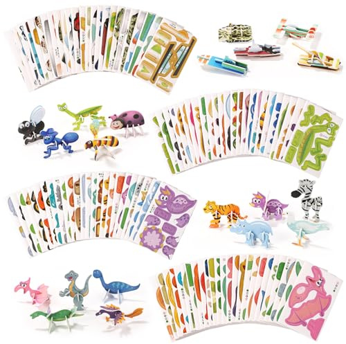 100pcs Educational 3D Cartoon Puzzle, Versatile DIY Craft Gifts 3D Animals Dinosaurs Aircraft Insects Jigsaw Puzzles for Kids Art Crafts Toys for Toddlers Boys Girls Children Birthday Gift