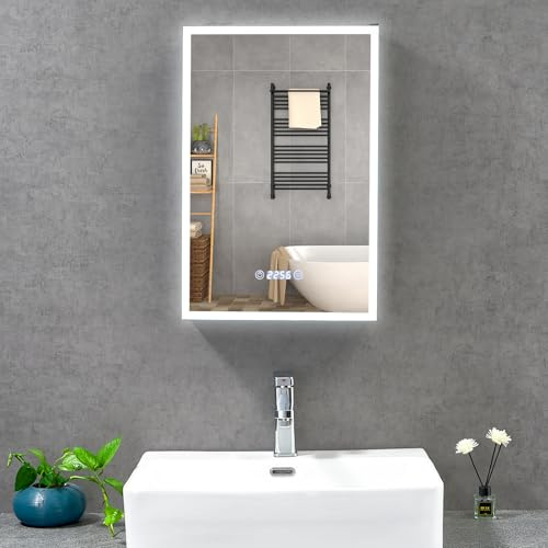 T&K LED Badezimmer Spiegelschrank mit Beleuchtung und Entfogging 40x60cm, mit Zeit und Temperaturanzeige, 3 Lichtfarbe Einstellbar, Steckdose und USB-Stecker, Aluminium Rahmenwerk Badspiegelschrank