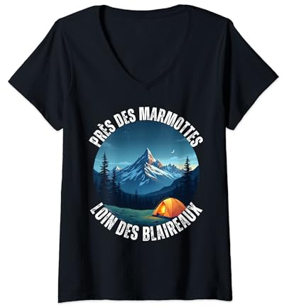 Femme Près Des Marmottes Loin Des Blaireau Camping Montagne Nature T-Shirt avec Col en V