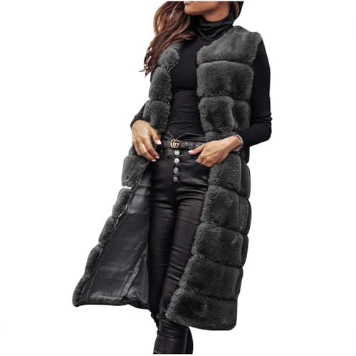 Women's Long Faux Fur Gilets Sleeveless Long Jackets Shaggy Warm Outdoor Windproof Coat Winter Warm Vest Outerwear Fluffy Coats Overcoat Longline Faux Fur Jacket Solid Color Open Front Cardigan Top