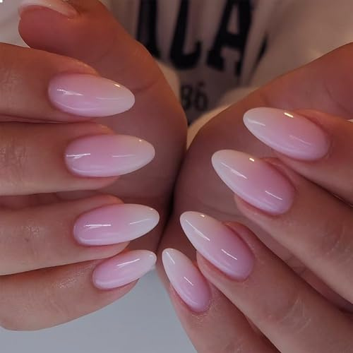 GlamRays 24 Stücke Pink Gradient Press on Nails Mittel Haselnuß Falschnägel mit weißem Ombré Design Falsche Nägel Glänzend Klebenageln Kunstakrylnägel