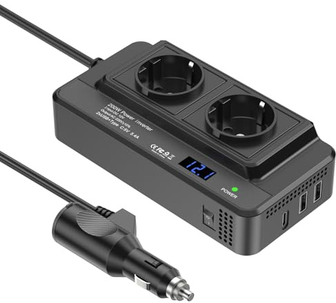 Convertidor de voltaje para coche de 200 W, inversor de corriente continua de 12 V a CA de 230 V, con 2 enchufes y 3 puertos USB, cargador rápido para coche con encendedor de cigarrillos para viajes