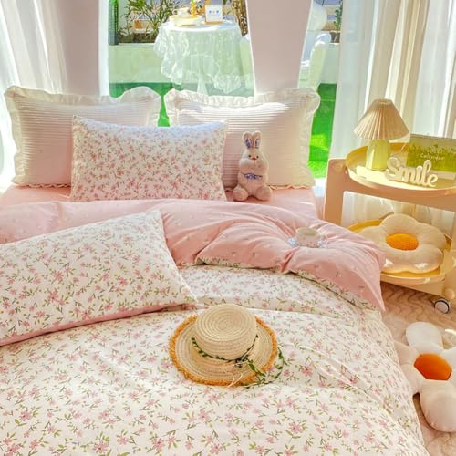 Nayoroom Bettwäsche 135x200 Blumen Rosa Beige Blümchen Wende Bettwäsche Set Microfaser 2teilig, Romantisch Mädchen Botanisch Geblümt Bettbezug und 1 Kissenbezug 80x80 cm mit Reißverschluss