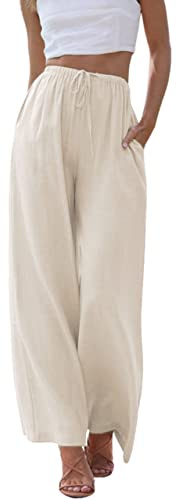 Imuedaen Damen Hosen Sommer Leinen Casual Leicht Locker Leinenhose Freizeithose Palazzo Hose Weite Leg Hose Sommerhose Hohe Taille mit Tunnelzug und Taschen (A Apricot, M)