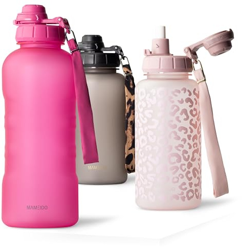 MAMEIDO Borraccia con Cannuccia 2 litri (Glow Couture) | a prova di perdite, senza BPA, tappo sportivo 2 in 1, motivazionale, cannuccia, laccetto, borraccia bambini per sport, scuola