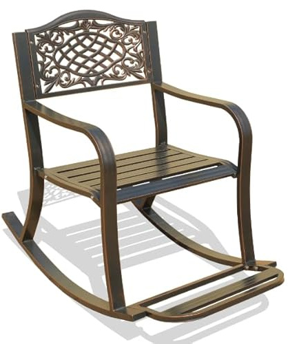GIANTEX Silla Mecedora de Aluminio Fundido, Estilo Vintage, Sillón Balancín con Reposabrazos, Respaldo y Reposapiés, Asiento de Listones, Silla Mecedora para Balcón, Salón, Jardín
