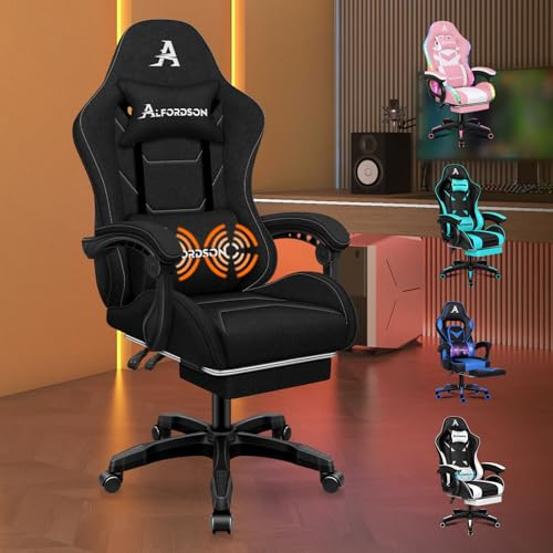 ALFORDSON Kontorsstol, gamingstol, massage-spelstol, ergonomisk spelstol med fotstöd, nackstöd, massage-ländryggskudde, vadderad, snurrstol av linnetyg, svart
