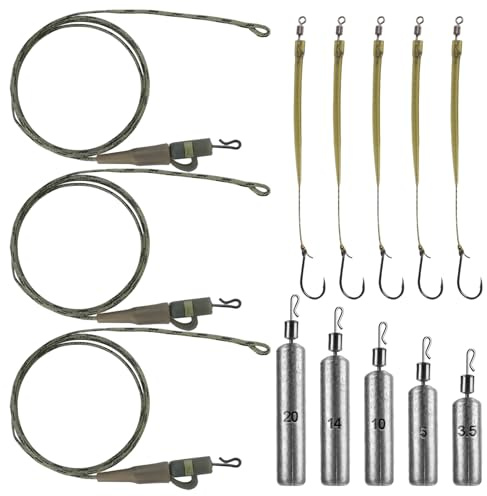 13 Piezas Kit de Pesca Carpa con Plomos Pesca Anzuelos de Pesca con Línea Atada Línea de Lider Montaje Fácil y Rápido Adecuado para Diferentes Aguas y Técnicas