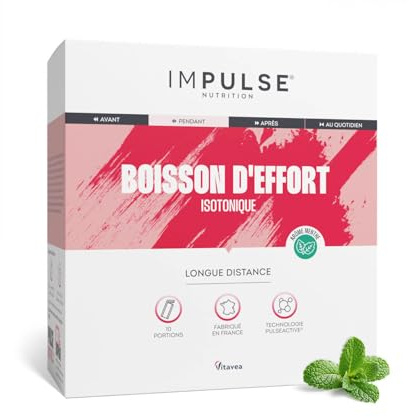 Boisson isotonique d’effort Saveur Menthe avec 3 glucides, électrolytes, BCAA - Énergie, Hydratation, Récupération - Pour les Longues distances - 10 sachets - Fabriqué en France - IMPULSE NUTRITION