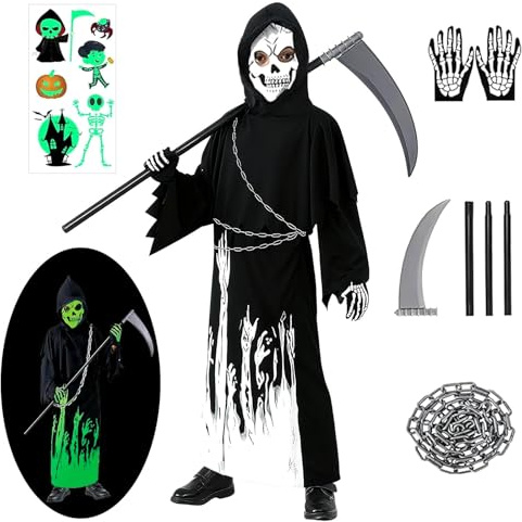 Disfraz Niño Reaper Completo, Disfraz de Muerte Fluorescente con Guantes y Hoz Luminosos, Cadena y Adhesivos Fluorescentes, Ideal para Halloween, Carnaval y Fiestas Temáticas Espeluznantes (M)