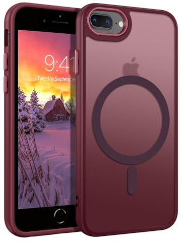 DUEDUE Magnetic Case for iPhone 7 Plus/iPhone 8 Plus Case [Compatible with Wireless Charging] Translucent Matte Back, Full-Body Protective Shockproof Phone Case for iPhone 7 Plus/8 Plus 5.5, Burgundy