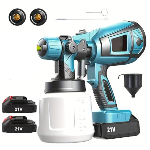 Pistola Pintura Electrica 200W, Pistola Pintura con 2 Baterías 21V, 38000PRM 1000ML HVLP Pistola, con 2 Boquillas 3 Patrones, Flujo Ajustable, Ideal para Muebles, Puertas, Vallas y Paredes