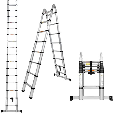 5 Meter Klappleiter A-Rahmen Aluminium Multifunktionsleiter Teleskopleiter Tragbare Ausziehleiter Maximale Belastung 150kg Stark & Sicher für Zuhause Dachboden Büro