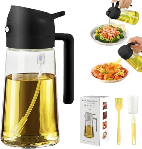 Glass Oil Spray for Cooking 16Oz/470ml, 2 in 1 Olive Oil Dispenser for Kitchen Gadgets and Air Fryer Acceessories, Black