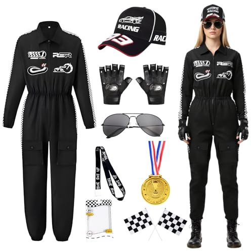 COYBTO Déguisement de Pilote de Course pour Femme, Combinaison Intégrale avec Gants, Casquette et Lunettes de Soleil, Déguisement de Course pour Adulte Carnaval Cosplay Fête Halloween (Noir, L)