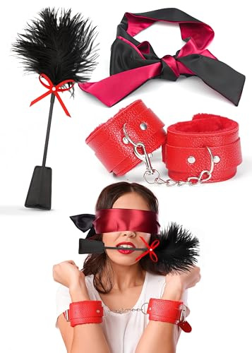 Fluffy Handcuffs for Grownups, Feather Tickler Crop and Adjustable Satin Eye Mask - 3pcs Set for Adults Play