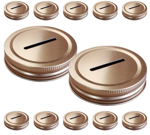 EXAOMBLE 12pcs 70mm Mason Jar Coin Slot Lids Light Gold Tinplate Leakproof Canning Covers for Money Saving Jars Home Storage