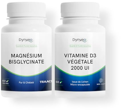 Pack Magnésium Bisglycinate TRAACS® + Vitamine D3 Végétale 2000 UI - Énergie, Immunité, Fonctions Osseuse & Musculaire - Haute Absorption - 2x60 Gélules Vegan Sans Additifs - Dynveo