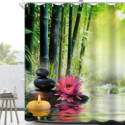 GCIREC duschdraperi, 180 x 200 cm, zen spa basaltstenar bambu näckros meditation avslappnande vattentätt tyg maskintvättbar badrumsgardin med krok